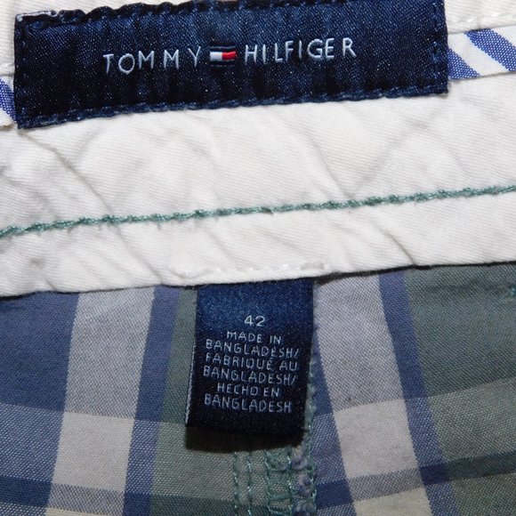 Tommy Hilfiger Mens 42 Green Blue Plaid flat Front Shorts - Picture 2 of 8